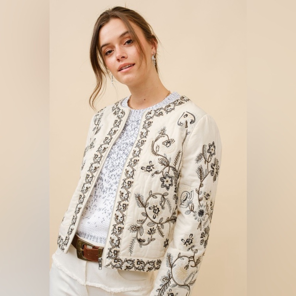 Embroidered Zip Up Jacket in Vanilla Black